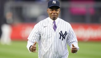 New York City Mayor Eric Adams gestures after throwing out a ceremonial first pitch before a baseball game between the New York Yankees and the Toronto Blue Jays Tuesday, May 10, 2022, in New York. (AP Photo/Frank Franklin II)