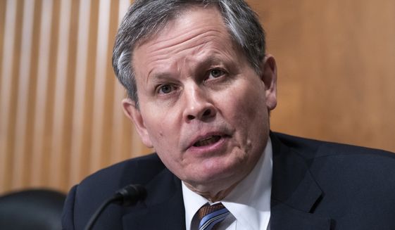 Sen. Steve Daines, R-Mont., questions Treasury Secretary Janet Yellen as she testifies before the Senate Banking, Housing, and Urban Affairs Committee hearing, Tuesday, May 10, 2022, on Capitol Hill in Washington. (Tom Williams/Pool via AP) ** FILE **
