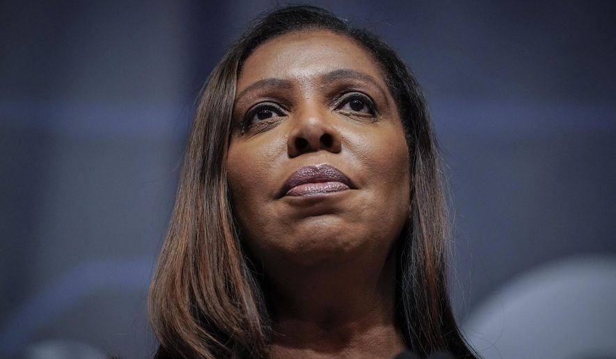 FILE - New York State Attorney General Letitia James speaks during the New York State Democratic Convention in New York, Thursday, Feb. 17, 2022.  An appeals court in New York has dismissed James’ lawsuit against Amazon, Tuesday, May 10. Besides potentially exposing workers to the virus at two Amazon facilities in New York City, the lawsuit filed by James last year had said the company illegally retaliated against workers who spoke up about poor safety conditions.  (AP Photo/Seth Wenig, File)
