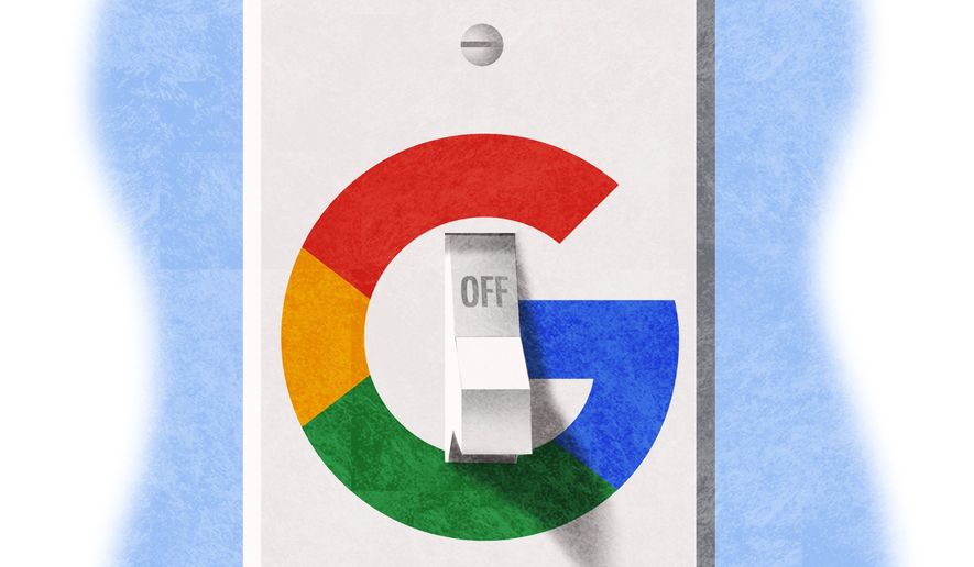 Illustration on Google and electric utility by Alexander Hunter/The Washington Times