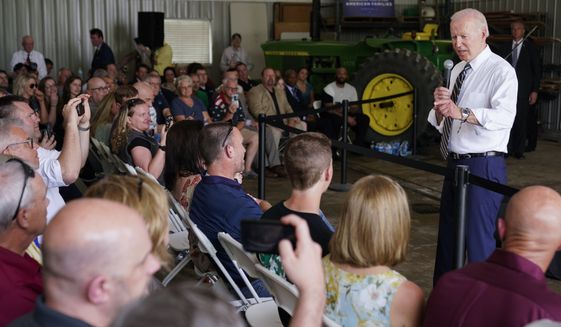 President Joe Biden speaks during a visit to O&#39;Connor Farms, Wednesday, May 11, 2022, in Kankakee, Ill. Biden visited the farm to discuss food supply and prices as a result of Putin&#39;s invasion of Ukraine. (AP Photo/Andrew Harnik)