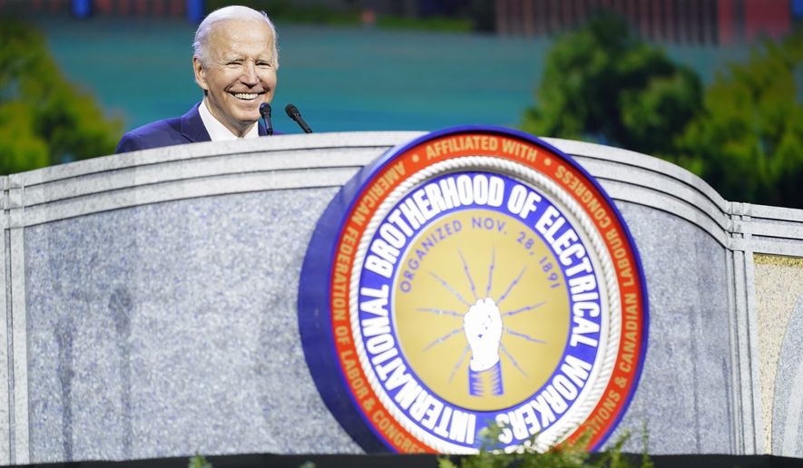 President Joe Biden speaks at the 40th International Brotherhood of Electrical Workers (IBEW) International Convention at McCormick Place, Wednesday, May 11, 2022, in Chicago. (AP Photo/Andrew Harnik)