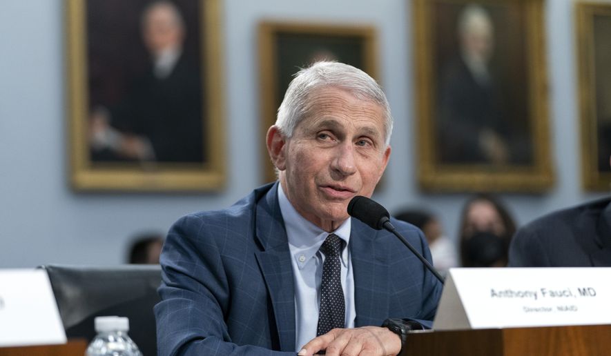 Dr. Anthony Fauci, director of the National Institute of Allergy and Infectious Diseases, testifies during a House Committee on Appropriations subcommittee on Labor, Health and Human Services, Education, and Related Agencies hearing, about the budget request for the National Institutes of Health, Wednesday, May 11, 2022, on Capitol Hill in Washington. (AP Photo/Jacquelyn Martin)