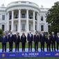Leaders from the Association of Southeast Asian Nations (ASEAN) pose with President Joe Biden in a group photo on the South Lawn of the White House in Washington, Thursday, May 12, 2022. From left are, Secretary-General of the Association for Southeast Asian Nations Dato Lim Jock Hoi, Vietnamese Prime Minister Pham Minh Chinh, Thailand Prime Minister Prayut Chan-ocha, Cambodian Prime Minister Hun Sen, Sultan of Brunei Haji Hassanal Bolkiah, Biden, Indonesian President Joko Widodo, Singapore Prime Minister Lee Hsien Loong, Laos Prime Minister Phankham Viphavan, Malaysian Prime Minister Dato’ Sri Ismail Sabri bin Yaakob and Philippines Foreign Affairs Secretary Teodoro Locsin Jr. (AP Photo/Susan Walsh)