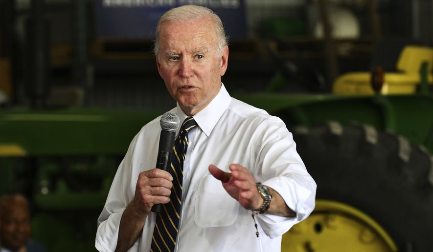 President Joe Biden speaks during a visit to Jeff O&#x27;Connor&#x27;s farm in Kankakee, Ill., Wednesday, May 11, 2022. (Tiffany Blanchette/The Daily Journal via AP)