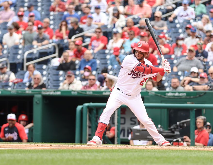 Outfielder Yadiel Hernandez (#29) at bat, about to make a swing  at Washington Nationals vs. New York Mets at Nationals Park, May 12th, 2022 (Photography: All-Pro Reels/ Alyssa Howell)