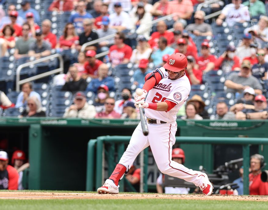 Outfielder Yadiel Hernandez (#29) swings at a pitch at Washington Nationals vs. New York Mets at Nationals Park, May 12th, 2022 (Photography: All-Pro Reels/ Alyssa Howell)