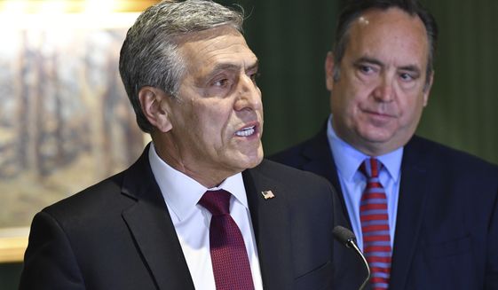 Lou Barletta speaks at a news conference where he accepted the endorsement of a rival in Pennsylvania&#39;s crowded Republican primary for governor, Jake Corman, right, May 12, 2022, in Harrisburg, Pa. Corman&#39;s endorsement comes as GOP leaders warn that leading Republican primary candidate Doug Mastriano is too far right to win in a general election. (AP Photo/Marc Levy)