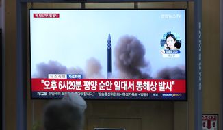People watch a TV screen showing a news program reporting about North Korea&#39;s missile launch with file footage, at a train station in Seoul, South Korea, Thursday, May 12, 2022. South Korea says North Korea has fired a total of three short-range ballistic missiles toward the sea. South Korea&#39;s Joint Chiefs of Staff says the three missiles launched from the North&#39;s capital region on Thursday afternoon flew toward the waters off the country&#39;s eastern coast. (AP Photo/Lee Jin-man)