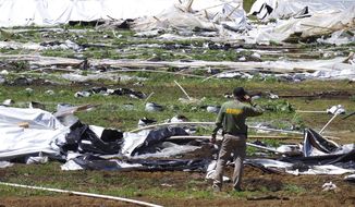 Josephine County Sheriff Dave Daniel stands amid the debris of plastic hoop houses destroyed by law enforcement, used to grow cannabis illegally, near Selma, Ore., on June 16, 2021. Foreign drug cartels that established illegal outdoor marijuana farms in Oregon last year are expanding to large indoor grows, a state police official said Thursday, May 12, 2022. (Shaun Hall/Grants Pass Daily Courier via AP, File)