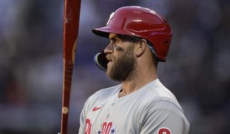 Philadelphia Phillies&#39; Bryce Harper stands in the on-deck circle during the first inning of the team&#39;s baseball game against the New York Mets on Friday, April 29, 2022, in New York. (AP Photo/Adam Hunger) **FILE**
