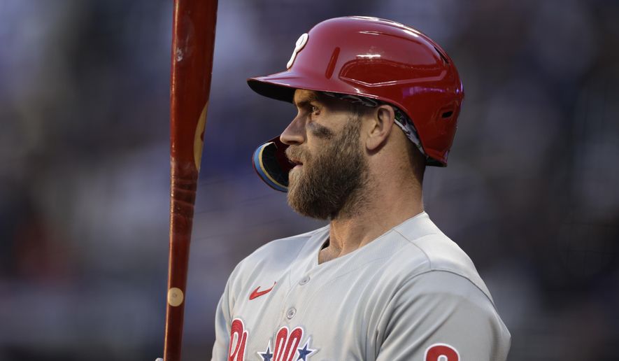 Philadelphia Phillies&#x27; Bryce Harper stands in the on-deck circle during the first inning of the team&#x27;s baseball game against the New York Mets on Friday, April 29, 2022, in New York. (AP Photo/Adam Hunger) **FILE**