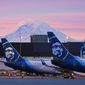 Alaska Airlines planes are parked at gates with Mount Rainier in the background at sunrise, on March 1, 2021, at Seattle-Tacoma International Airport in Seattle. The CEO of Alaska Airlines says the high level of flight cancellations since April will continue through this month. Ben Minicucci said in a message to employees Thursday, May 12, 2022, that stability should return in June. (AP Photo/Ted S. Warren, File)
