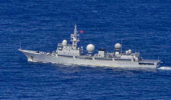 In this image supplied by the Australian Department of Defence, Chinese People&#39;s Liberation Army-Navy (PLA-N) Intelligence Collection Vessel Haiwangxing operating off the north-west shelf of Australia, Wednesday, May 11, 2022. Australian Minister of Defence Peter Dutton said Friday, May 13, 2022, that the Chinese warship with spying capabilities had been hugging the western coastline in what amounted to an &amp;quot;aggressive act.&amp;quot; (Australian Defence Dept. via AP)