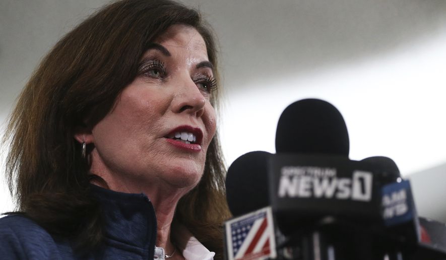 New York Gov. Kathy Hochul speaks at a news conference after a shooting at a supermarket on Saturday, May 14, 2022, in Buffalo, N.Y. (AP Photo/Joshua Bessex)