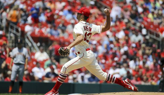 St. Louis Cardinals starting pitcher Dakota Hudson (43) throws during the first inning of a baseball game against the San Francisco Giants, Saturday, May 14, 2022, in St. Louis. (AP Photo/Scott Kane)