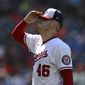 Washington Nationals starting pitcher Patrick Corbin walks to the dugout after he was pulled during the seventh inning of a baseball game against the Houston Astros, Sunday, May 15, 2022, in Washington. (AP Photo/Nick Wass)