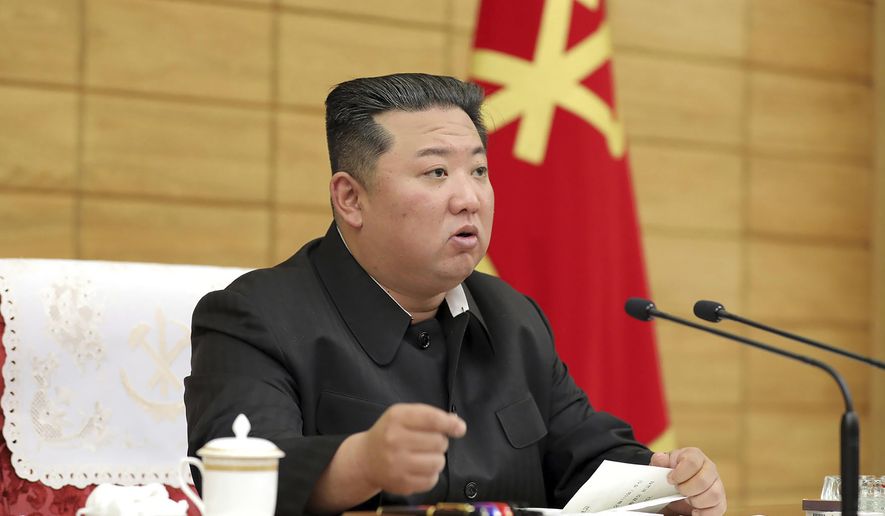 In this photo provided by the North Korean government, North Korean leader Kim Jong-un attends an emergency consultative meeting in Pyongyang, North Korea Sunday, May 15, 2022. Independent journalists were not given access to cover the event depicted in this image distributed by the North Korean government. The content of this image is as provided and cannot be independently verified. Korean language watermark on image as provided by source reads: &amp;quot;KCNA&amp;quot; which is the abbreviation for Korean Central News Agency. (Korean Central News Agency/Korea News Service via AP)