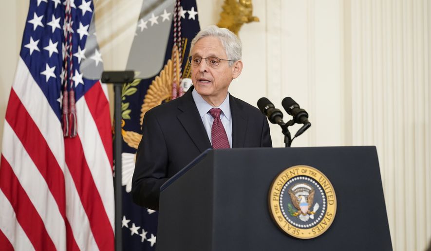 Attorney General Merrick Garland speaks before President Joe Biden presents Public Safety Officer Medal of Valor awards to fourteen recipients, during an event in the East Room of the White House, Monday, May 16, 2022. (AP Photo/Andrew Harnik)