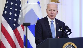 President Joe Biden speaks during a reception for Greek Prime Minister Kyriakos Mitsotakis in the East Room of the White House in Washington, Monday, May 16, 2022. (AP Photo/Susan Walsh)