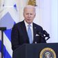 President Joe Biden speaks during a reception for Greek Prime Minister Kyriakos Mitsotakis in the East Room of the White House in Washington, Monday, May 16, 2022. (AP Photo/Susan Walsh)