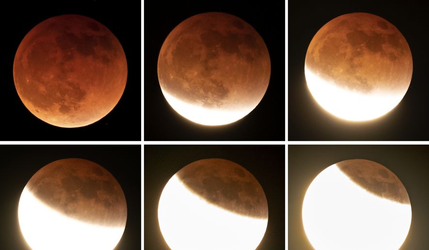 In this combination of photos, the moon is shines during a full lunar eclipse, upper left, and then at various stages as it emerges from the earth&#39;s shadow, Sunday, May 15, 2022, near Moscow, Idaho. The orange color of the moon is caused by the Moon passing into the shadow of the Earth. (AP Photo/Ted S. Warren)