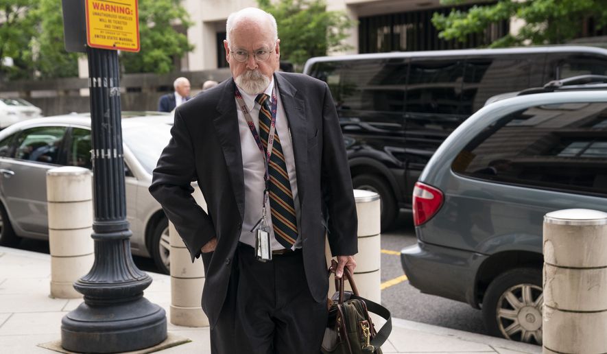 Special counsel John Durham, the prosecutor appointed to investigate potential government wrongdoing in the early days of the Trump-Russia probe, arrives at the E. Barrett Prettyman Federal Courthouse, Monday, May 16, 2022, in Washington. (AP Photo/Evan Vucci) ** FILE **