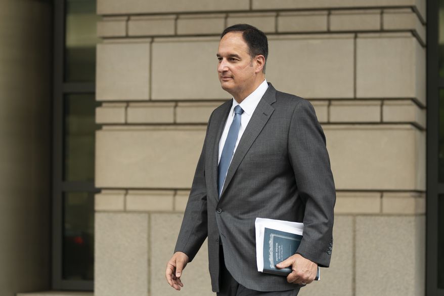 Michael Sussmann, a cybersecurity lawyer who represented the Hillary Clinton presidential campaign in 2016, leaves a federal courthouse in Washington, Monday, May 16, 2022, in this file photo. (AP Photo/Manuel Balce Ceneta)