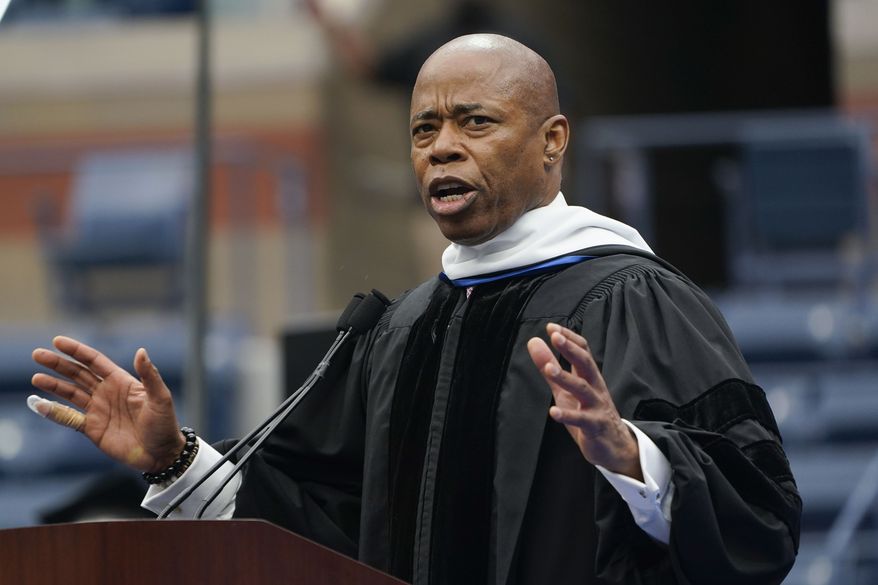New York City Mayor Eric Adams speaks during a graduation ceremony for Pace University at the USTA Billie Jean King Tennis Center in New York, Monday, May 16, 2022. Pace held its largest graduation ceremony ever, not only hosting the current 2022 graduates but also the classes of 2020 and 2021, which were not allowed to hold graduation ceremonies previously due to the COVID-19 pandemic. (AP Photo/Seth Wenig)