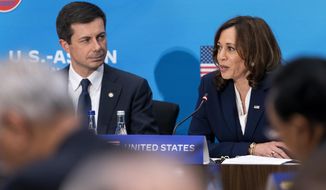 Vice President Kamala Harris, right, next to Transportation Secretary Pete Buttigieg, speaks during a plenary session of the U.S.-ASEAN Summit, Friday, May 13, 2022, at the State Department in Washington. (AP Photo/Jacquelyn Martin)