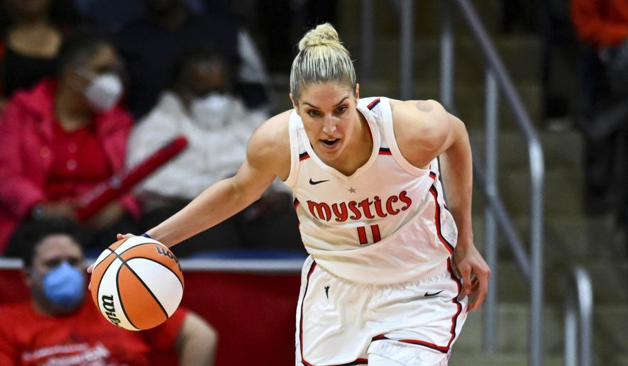Washington Mystics&#39; Elena Delle Donne (11) brings the ball up court during the first half of an WNBA basketball game against the Indiana Fever, Friday, May 6, 2022, in Washington. After two seasons in which she barely played, Mystics star Elena Delle Donne is back -- and still looking like one of the WNBA&#39;s top players. (AP Photo/Terrance Williams, File) **FILE**