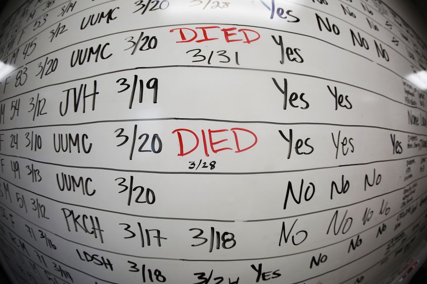 This May 13, 2020, photo made with a fisheye lens shows a list of the confirmed COVID-19 cases in Salt Lake County early in the coronavirus pandemic at the Salt Lake County Health Department, in Salt Lake City. Health officials later moved to tracking the cases in an online database, but the white board remains in the office as a reminder of how quickly the coronavirus spread. (AP Photo/Rick Bowmer) **FILE**