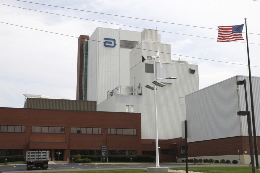 An Abbott Laboratories manufacturing plant is shown in Sturgis, Mich., on Sept. 23, 2010. In mid-February 2022, Abbott announced it was recalling various lots of three powdered infant formulas from the plant, after federal officials began investigating rare bacterial infections in four babies who got the product. (Brandon Watson/Sturgis Journal via AP, File)