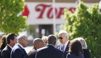 President Joe Biden visits the scene of a shooting at a supermarket to pay respects and speak to families of the victims of Saturday&#39;s shooting in Buffalo, N.Y., Tuesday, May 17, 2022. Senate Majority Leader Chuck Schumer of N.Y. is second from left. (AP Photo/Andrew Harnik)