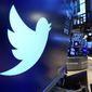 The logo for Twitter appears above a trading post on the floor of the New York Stock Exchange on Nov. 29, 2021. Elon Musk’s ties to China through his role as electric car brand Tesla’s biggest shareholder could add complexity to his bid to buy Twitter. (AP Photo/Richard Drew, File)