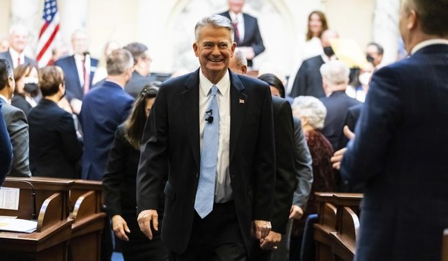 Idaho Gov. Brad Little leaves the house chambers after he delivers his State of the State address at the state Capitol building, on Jan. 10, 2022 in Boise, Idaho. Little is seeking a second term. Idaho&#x27;s primary elections are Tuesday, May 17, 2022. (AP Photo/Otto Kitsinger, File)