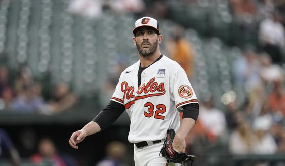 Baltimore Orioles starting pitcher Matt Harvey heads to the dugout after pitching to the Minnesota Twins in the second inning of a baseball game on June 2, 2021, in Baltimore. Harvey was suspended for 60 games by Major League Baseball on Tuesday, May 17, 2022, for distributing a prohibited drug of abuse.  (AP Photo/Julio Cortez, File) **FILE**