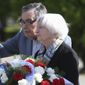U.S Treasury Secretary Janet Yellen, right, talks to Holocaust survivor, Marian Turski, while attending a wreath-laying ceremony in front of the Ghetto Heroes Monument in Warsaw, Poland, Monday, May 16, 2022. (AP Photo/Michal Dyjuk)