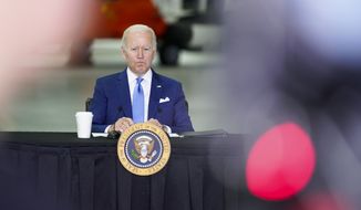 President Joe Biden attends a briefing on preparing for and responding to hurricanes this season at Andrews Air Force Base, Md., Wednesday May 18, 2022. (AP Photo/Andrew Harnik)