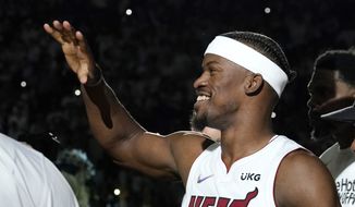 Miami Heat forward Jimmy Butler is introduced before Game 1 of a NBA basketball Eastern Conference finals playoff series against the Boston Celtics, Tuesday, May 17, 2022, in Miami. (AP Photo/Lynne Sladky) **FILE**