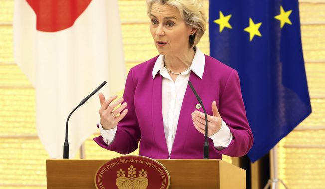 European Commission President Ursula von der Leyen announces a joint statement with Japanese Prime Minister Fumio Kishida and European Council President Charles Michel at the prime minister&#x27;s official residence in Tokyo Thursday, May 12, 2022. (Yoshikazu Tsuno/Pool Photo via AP)
