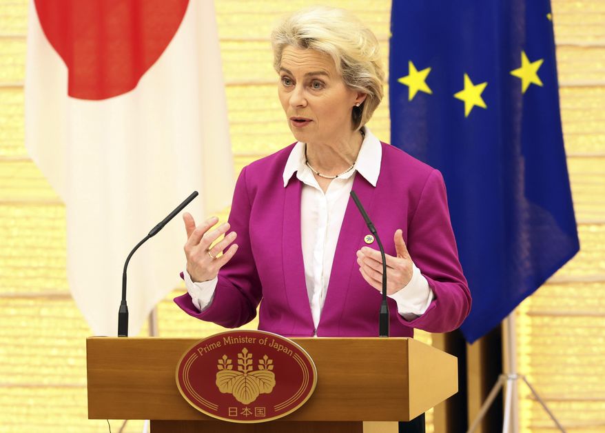 European Commission President Ursula von der Leyen announces a joint statement with Japanese Prime Minister Fumio Kishida and European Council President Charles Michel at the prime minister&#39;s official residence in Tokyo Thursday, May 12, 2022. (Yoshikazu Tsuno/Pool Photo via AP)