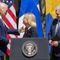 President Joe Biden, accompanied by Finnish President Sauli Niinisto, right, hugs Swedish Prime Minister Magdalena, center, after she speaks during an event in the Rose Garden of the White House in Washington, Thursday, May 19, 2022. (AP Photo/Andrew Harnik)