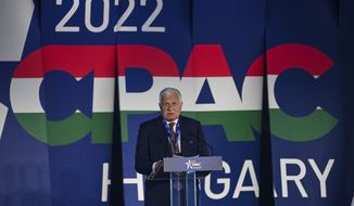 Former Czech President Vaclav Klaus delivers a speech at the CPAC conference in Budapest, Hungary, Thursday, May 19, 2022. Dozens of prominent conservatives from Europe, the United States and elsewhere have gathered in Hungary for the American Conservative Political Action Conference, being held in Europe for the first time. The two-day event represents a deepening of ties between the American right wing and the autocratic government of Prime Minister Viktor Orban. (Tibor Illyes/MTI via AP)