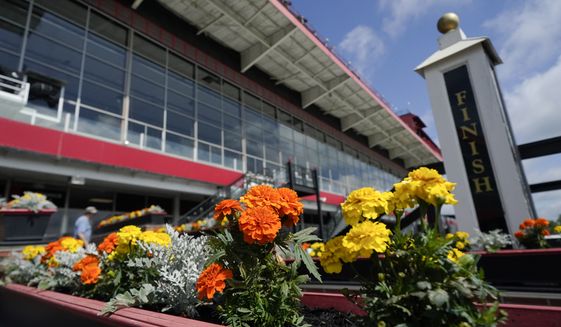 Flowers adorn an area near the finish line ahead of the Preakness Stakes horse race at Pimlico Race Course, Thursday, May 19, 2022, in Baltimore. (AP Photo/Julio Cortez)