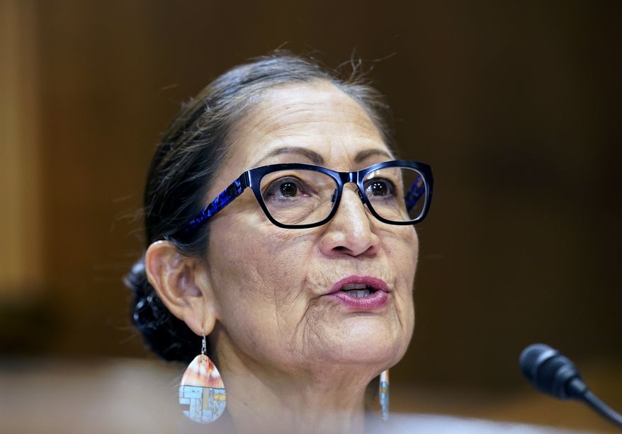 Interior Secretary Deb Haaland, speaks during a Senate Energy and Natural Resources Committee hearing on the budget request for fiscal year 2023 for the Department of the Interior, Thursday, May 19, 2022, on Capitol Hill in Washington. (AP Photo/Mariam Zuhaib).