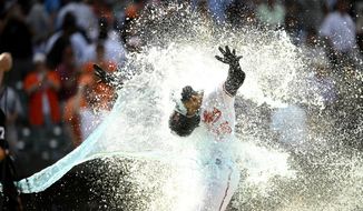 Baltimore Orioles&#39; Anthony Santander is doused as he celebrates heading home after hitting a three-run walk off home run during the ninth inning of a baseball game against the New York Yankees, Thursday, May 19, 2022, in Baltimore. The Orioles won 9-6. (AP Photo/Nick Wass)