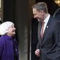 German Finance Minister Christian Lindner, right,  welcomes U.S. Treasury Secretary  Janet Yellen, front left, for a G7 Finance Ministers Meeting at the federal guest house Petersberg, near Bonn, Germany, Thursday, May 19, 2022. (Federico Gambarini/dpa via AP)