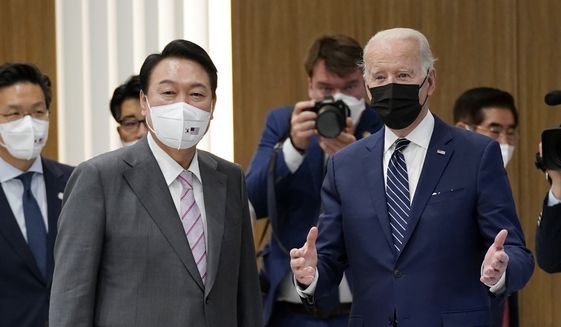President Joe Biden and South Korean President Yoon Suk Yeol visit the Samsung Electronics Pyeongtaek campus, Friday, May 20, 2022, in Pyeongtaek, South Korea. (AP Photo/Evan Vucci)