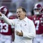 FILE - Alabama head coach Nick Saban yells instruction before an NCAA college football game against LSU, Saturday, Nov. 6, 2021, in Tuscaloosa, Ala. The Southeastern Conference spring meetings will be held in person for the first time since 2019 in a little less than two weeks. It is unlikely two of the league&#39;s superstar coaches will be chumming around Destin, Florida, together. (AP Photo/Vasha Hunt, File)